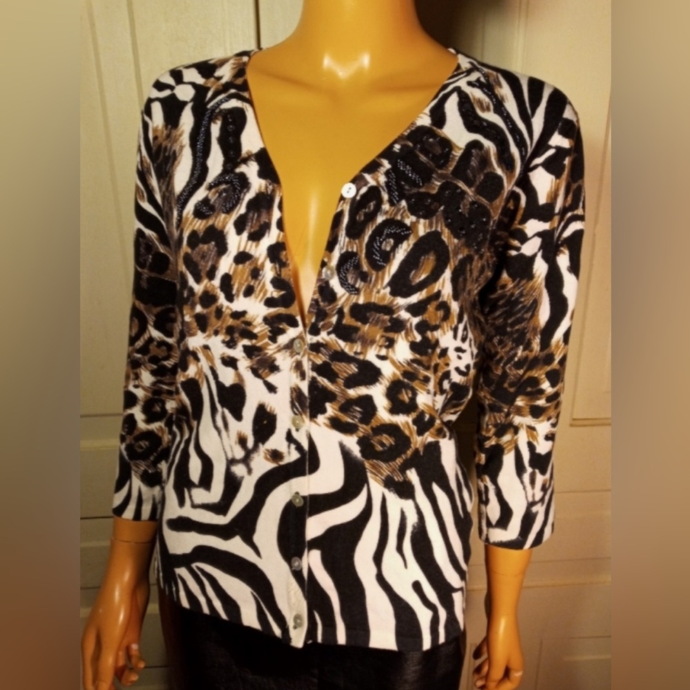 Beaded sequined animal print cardigan sweater leopard cheetah zebra